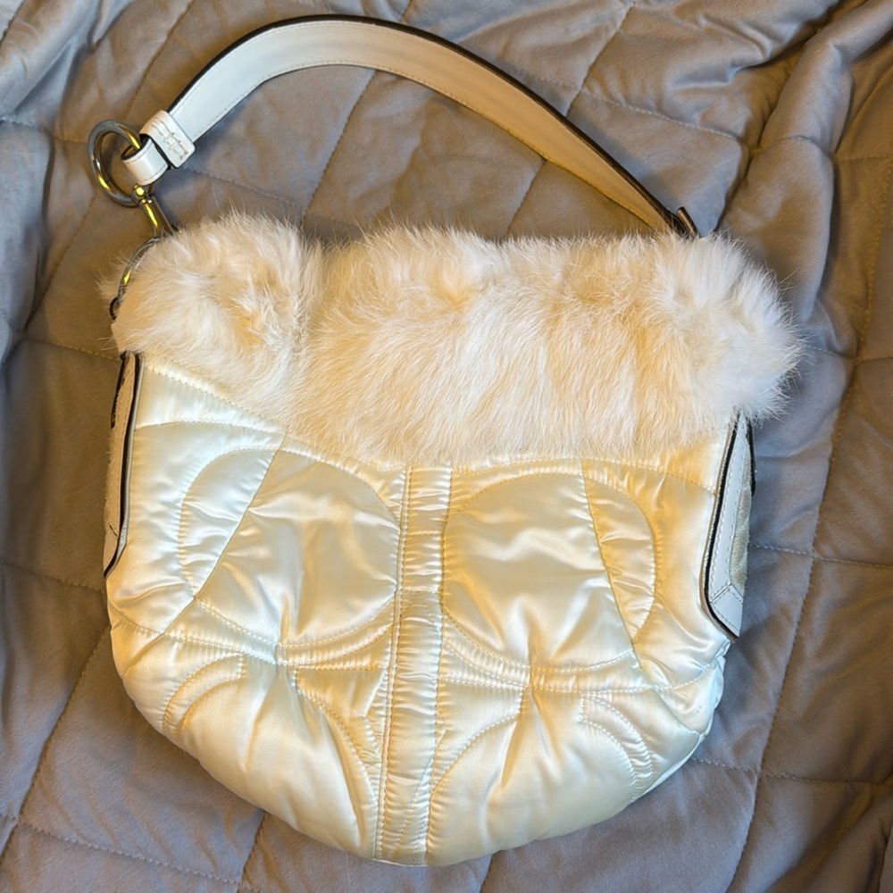 Vintage COACH RARE Y2K 2005 White Rabbit Fur Trimmed Handbag and SoHo Bag